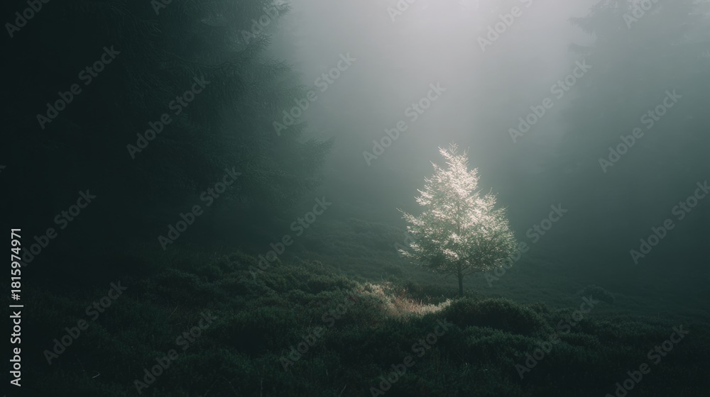 Obraz premium Landscape photograph of a foggy forest. the fog is covering the entire frame of the image, creating a mysterious and ethereal atmosphere.