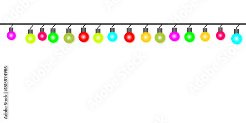 A festive string of colorful Christmas lights hanging in a horizontal line on a white background.