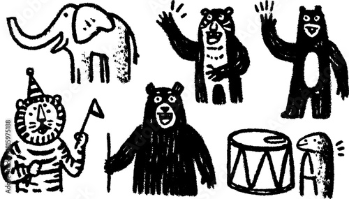 Animal characters set in hand-drawn style: elephant, lion, and bear. Simple black outline vector illustration for playful themes.