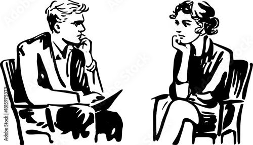 Couple in conversation while sitting, depicted in a simple black and white vector illustration. The design features relaxed expressions and thoughtful body language.