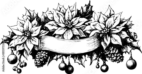 Poinsettia and holly decorative elements with a banner. Black and white vector illustration for greeting card or decorative set.