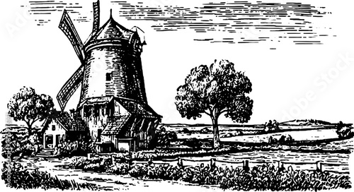 Vintage windmill building with tree in a black and white outline. Scenic rural landscape vector illustration. A detailed set of countryside harmony.