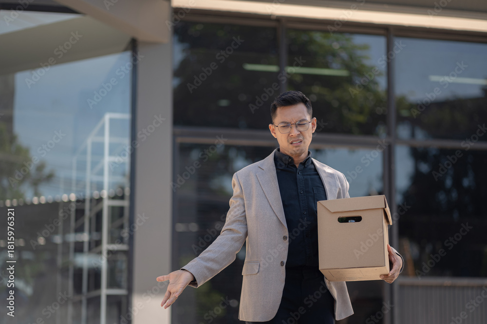 Fototapeta premium Concept businessman failure and unemployment problem, stress businessman packing up in office.