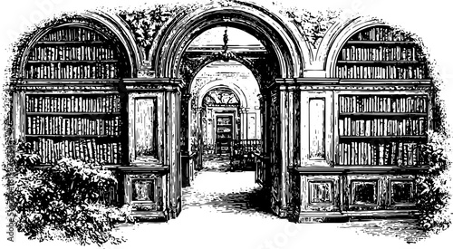 Library engraving featuring archways and bookshelves. An elegant, black outline drawing in vintage style, perfect for a vector illustration set.