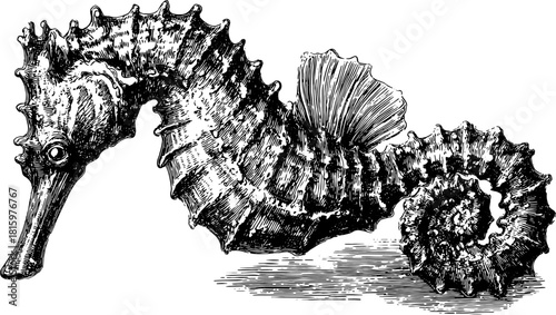 Antique seahorse engraving illustration. Detailed black and white outline in a vintage style, perfect for a nature-themed vector artwork set.