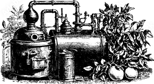 Antique engraving of an industrial device and orange. Hand-drawn illustration featuring botanical elements in a vintage style, vector set.