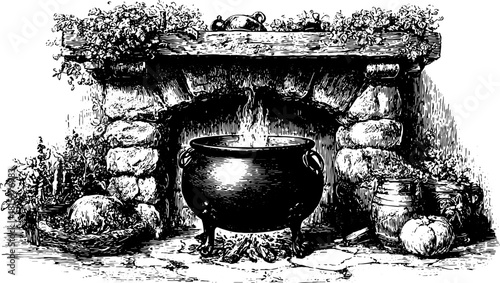 Cauldron on a rustic stone fireplace. Vintage vector illustration with detailed outline drawing of herbs and pots around the set.