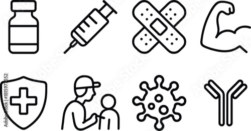 Vaccination and Health Icon Set, Medical Line Icons, Immunity Icons, Virus Icon Set – Black Line Symbols of Vaccine, Syringe, Immunity, Antibodies, and Virus for Medical and Educational Use