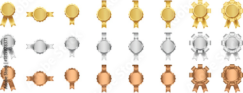 Vector collection of blank gold, silver, and bronze award medals with ribbons for winners and sport competitions. Luxury set of glossy award ribbons and seals for best seller marketing.