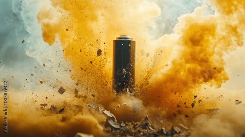 Powerful explosion engulfs battery in dramatic dust cloud, symbolizing energy and impact