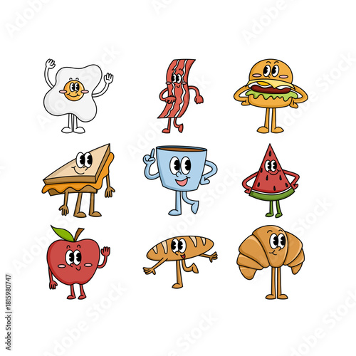Retro rubber hose food mascots and grocery icons. Vintage 1930s style doodle elements for restaurant branding, kids' menu design, and creative food packaging.