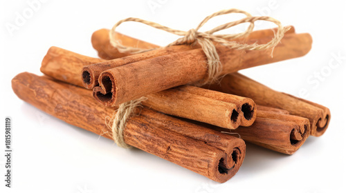 cinnamon sticks tied together on white background
