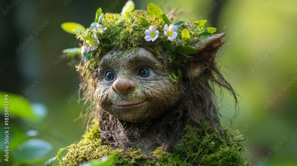 Naklejka premium A whimsical creature adorned with moss and flowers smiles softly in a lush green forest. Nature and magic come together in this enchanting scene. Generative AI