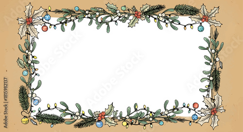 Festive Christmas and New Year holiday decorative border with festive lights and mistletoe on a textured background