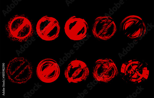 Set of rough, hand drawn red prohibition and cancel symbols designed with grunge texture. Perfect for warning labels, restricted access icons, error graphics, and attention grabbing visual elements.