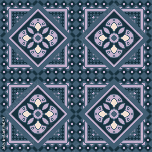 A Blue-Purple tone Basic Flower vector geometric pattern with retro-inspired shapes, a trendy color palette, and a versatile layout. Great for digital art, poster design, and Textile Print