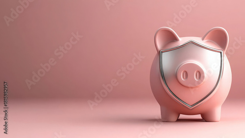 Piggy bank shield security savings protection financial safety pink background 3D render
