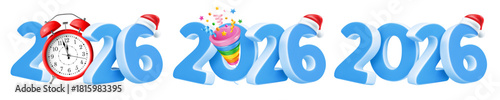 Set of New year creative logo with 3d realistic numbers 2026 in light blue colors, with red alarm clock, party popper with confetti. Santa hat on the number 6. Isolated vector illustration
