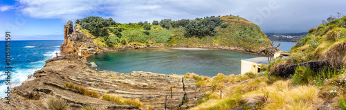 The volcanic crater village island - Ilhéu da Vila with Franca do Campo in the back, Azores, Portugal