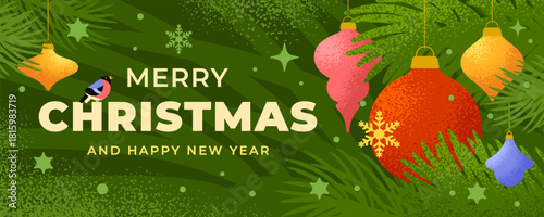 Merry Christmas and Happy New Year greeting banner. Modern minimal Xmas art design with texture, typography, Christmas tree branches, ornaments and snowflakes on green background. Vector Illustration