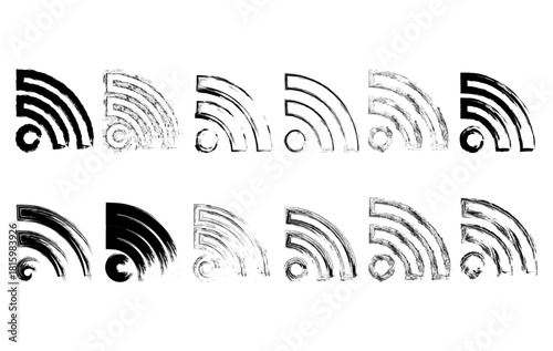 This set features grunge Wi Fi icons designed with rough brush stroke textures. Each symbol includes distressed, messy, and artistic signal waves suitable for tech themed digital artwork.