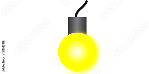 A single glowing yellow light bulb with a gray base and black wire, isolated on a white background.