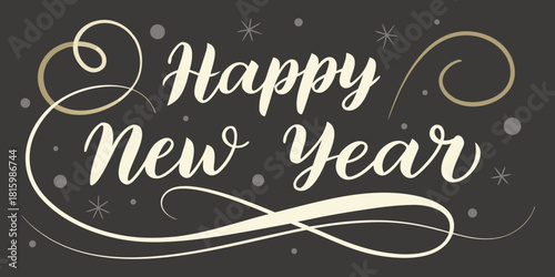 A dark-background New Year greeting featuring **"Happy New Year"** in cream cursive, accented with swirls, dots, and stylized fireworks for a festive, elegant look.