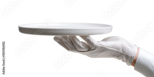 Elevated Elegance: A gloved hand delicately presents a pristine, empty plate, embodying refined service and anticipation.