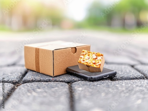 Fototapeta Naklejka Na Ścianę i Meble -  A cardboard delivery box and a slice of pizza in a small box sit on a smartphone, placed on a textured cobblestone surface outdoors.