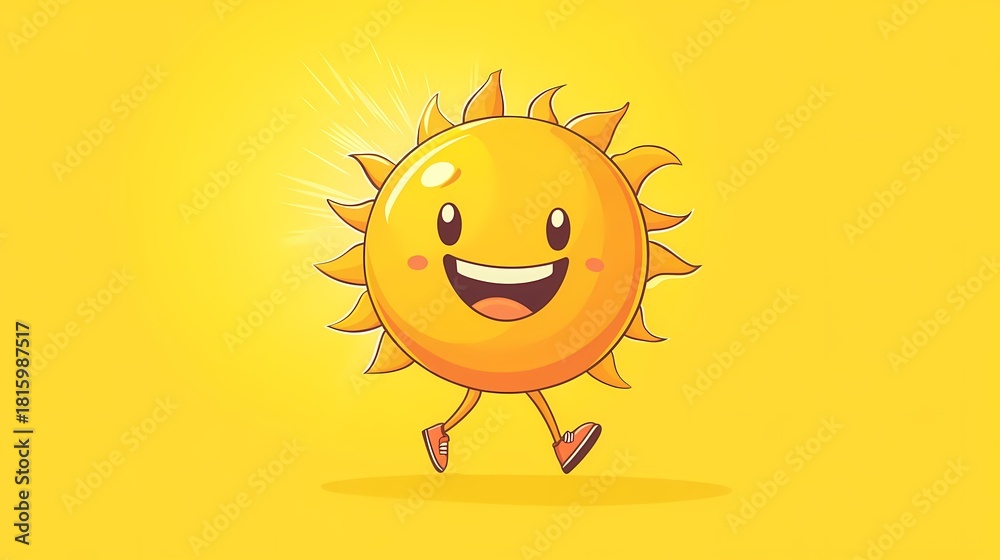 Obraz premium Cheerful, anthropomorphic sunshine character is happily walking against a bright yellow background