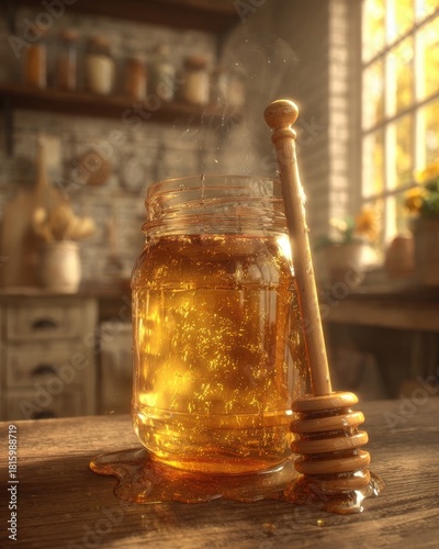 Golden Honey In Rustic Jar With Wooden Dipper