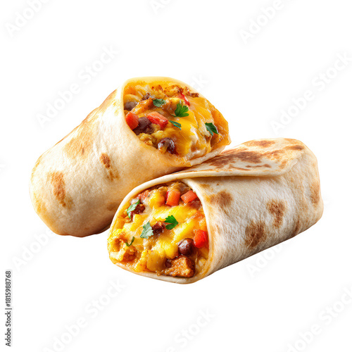 Two Delicious Breakfast Burritos Stuffed with Eggs, Cheese, and Beans on Black Background