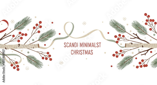 Minimalist Scandi Christmas Banner Featuring Birch Branches, Berries, and Evergreen Sprigs