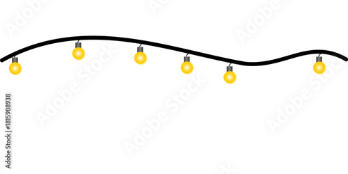 A festive string of glowing yellow light bulbs hanging from a wavy black wire on a white background.