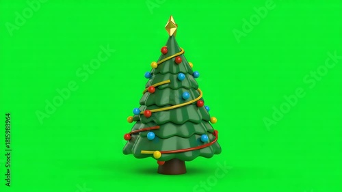 Cute cartoon 3d rendered christmas tree with colorful lights and a golden star on a green screen background for easy compositing