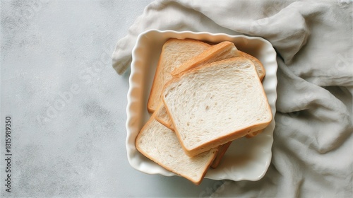 Fresh white bread slices in a dish on a white isolated background. Generative AI