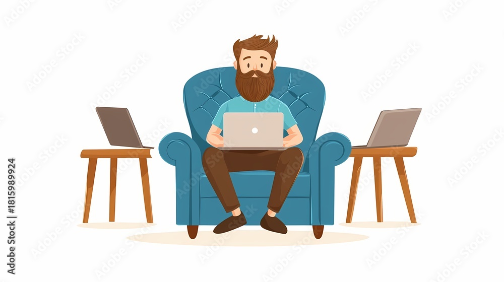 Fototapeta premium Bearded man works on portable computer while seated comfortably in an upholstered armchair surrounded by auxiliary devices