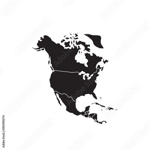 Striking silhouette of North America map for impactful designs and educational resources about geography, travel, and global connections on white