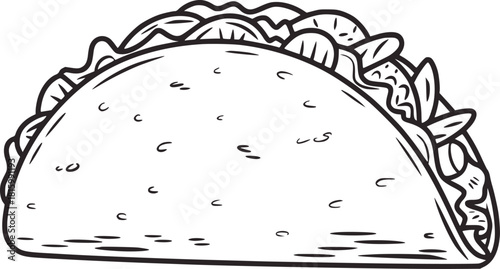 Black and white line drawing of a taco food mexican