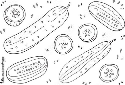 Black and white line drawing of cucumbers and slices