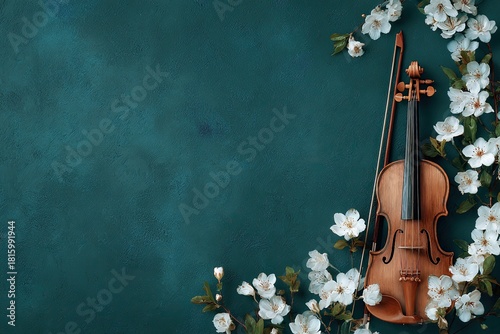 A violin is surrounded by white flowers against a dark teal textured background
