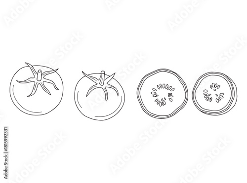 Two whole tomatoes and two tomato slices fruit food