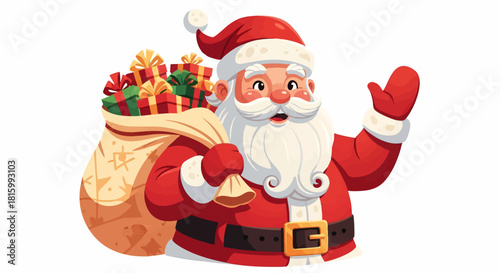 A cheerful cartoon illustration of Santa Claus waving hello and holding a sack full of presents, perfect for Christmas greetings and festive designs