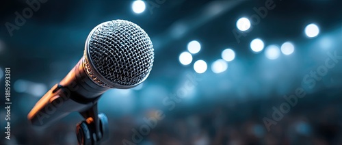 A close-up shot of a microphone on a stand with a blurred stage lit with lights behind it