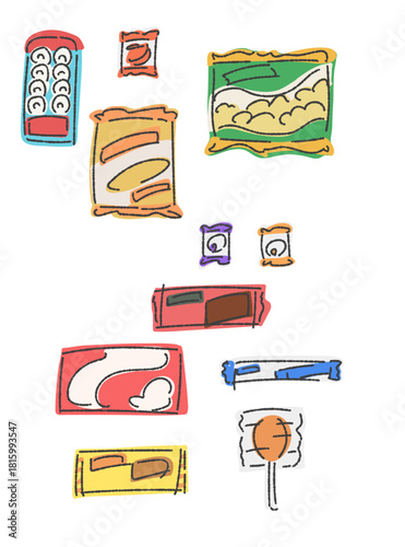 いろいろな駄菓子セット　ラフ仕上げ　カラー