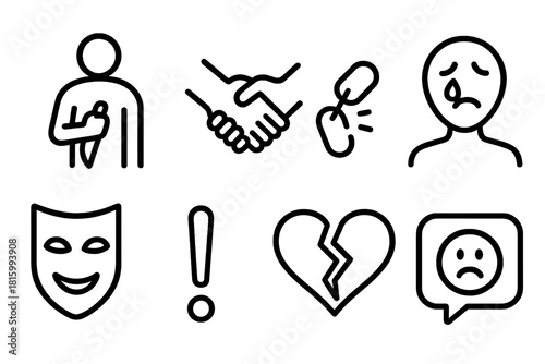 Icons of Betrayal. Betrayal concept linear icon set: knife behind back, handshake, broken chain, crying face, mask, exclamation mark, sad heart, speech bubble