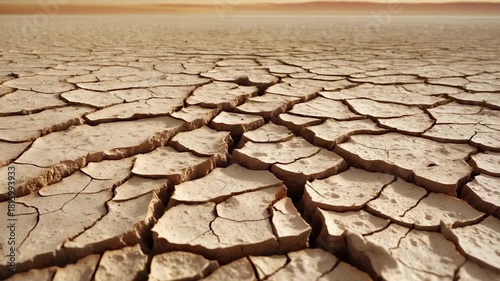 Expansive view of cracked arid desert soil stretching into the horizon under warm golden light showcasing detailed textures and patterns in a dry environment