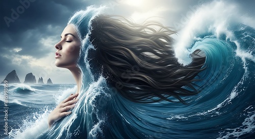 Fototapeta Naklejka Na Ścianę i Meble -  Mystical portrait of a woman emerging from a powerful ocean wave, her hair blending with the swirling blue water under a dramatic sky