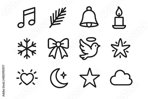 Festive Icon Set. Holiday Choir linear icon set : musical note, pine branch, bell, candle flame, snowflake, ribbon bow, dove, halo ring, glowing heart, moon glow, star, soft cloud