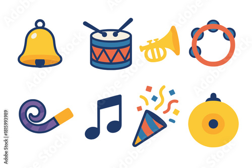 Vibrant Festive Instruments. Festive sound flat icon set : jingle bell, drum, trumpet, tambourine, party horn, music note, confetti popper, cymbal